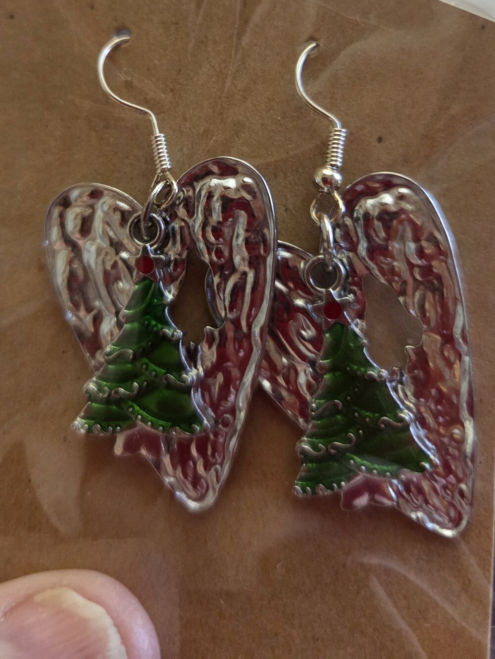 Festive Green Tree & Silver Heart Drop Earrings